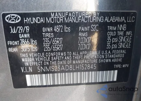 2020 Hyundai Santa Fe Se z USA, uszkodzony, nr VIN 5NMS23AD8LH152845